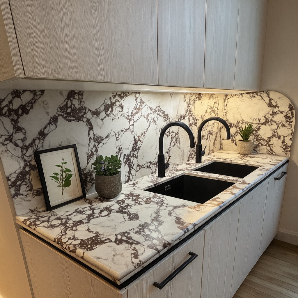 Réalisation n°2 du plan de travail Calacatta Viola en Quartz Mstone