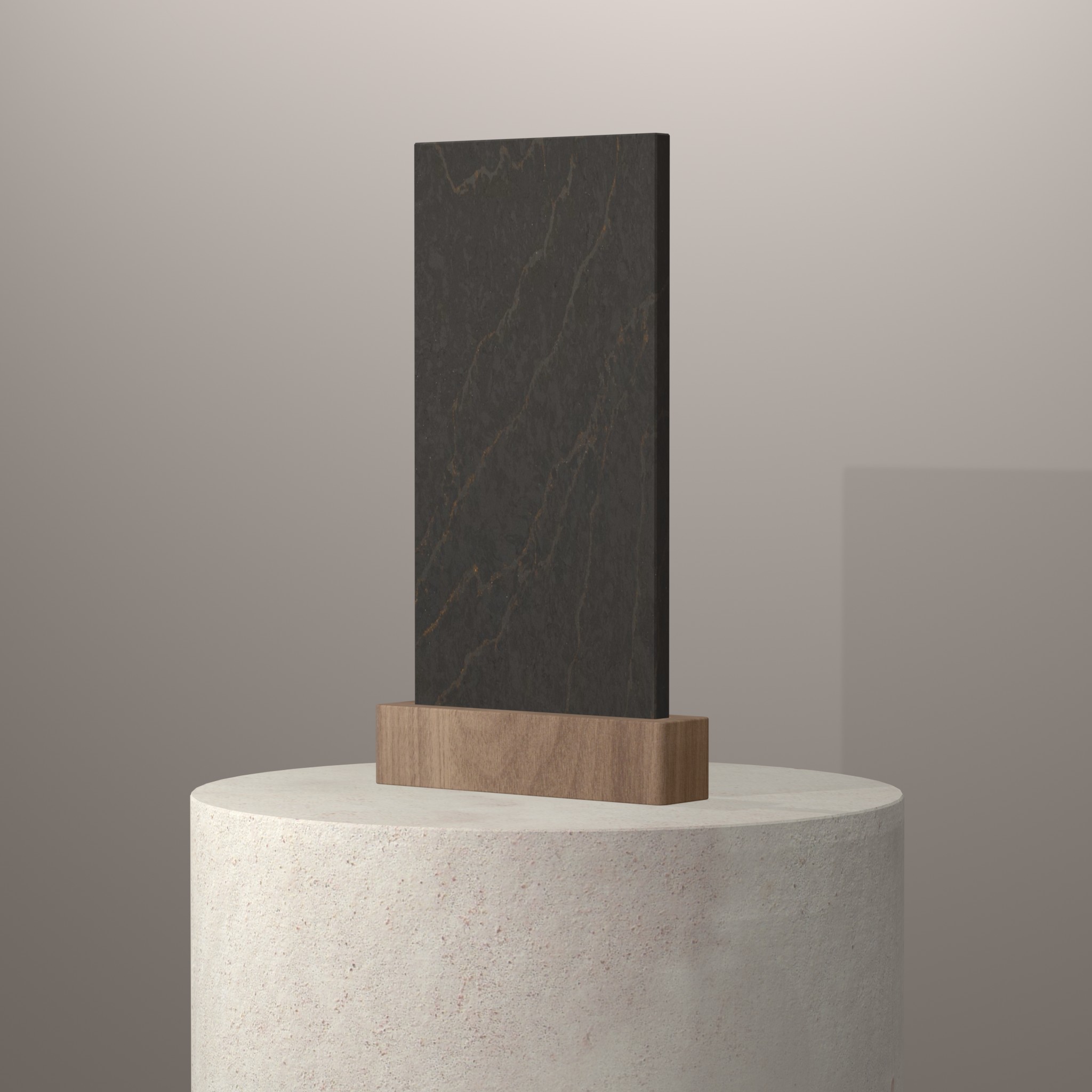 Rendu 3D du coloris Bohemian Flame en Quartz Silestone sur piédestal